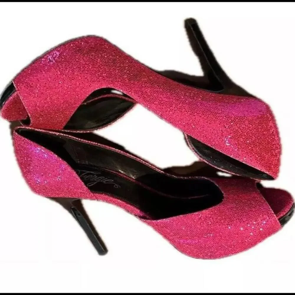 👠😎🩷Fergie Awareness Women's Peep Toe High Heels Pumps 5.5M (Glitter Pink)